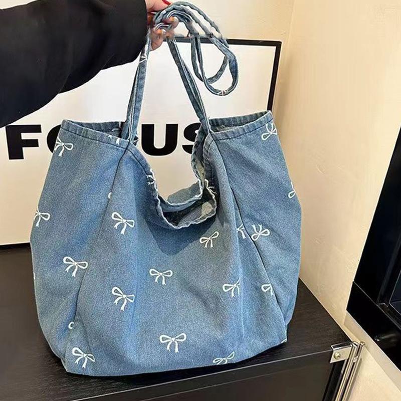 Women Bags Jeans - Ladies Bow Decor Denim Canvas Tote